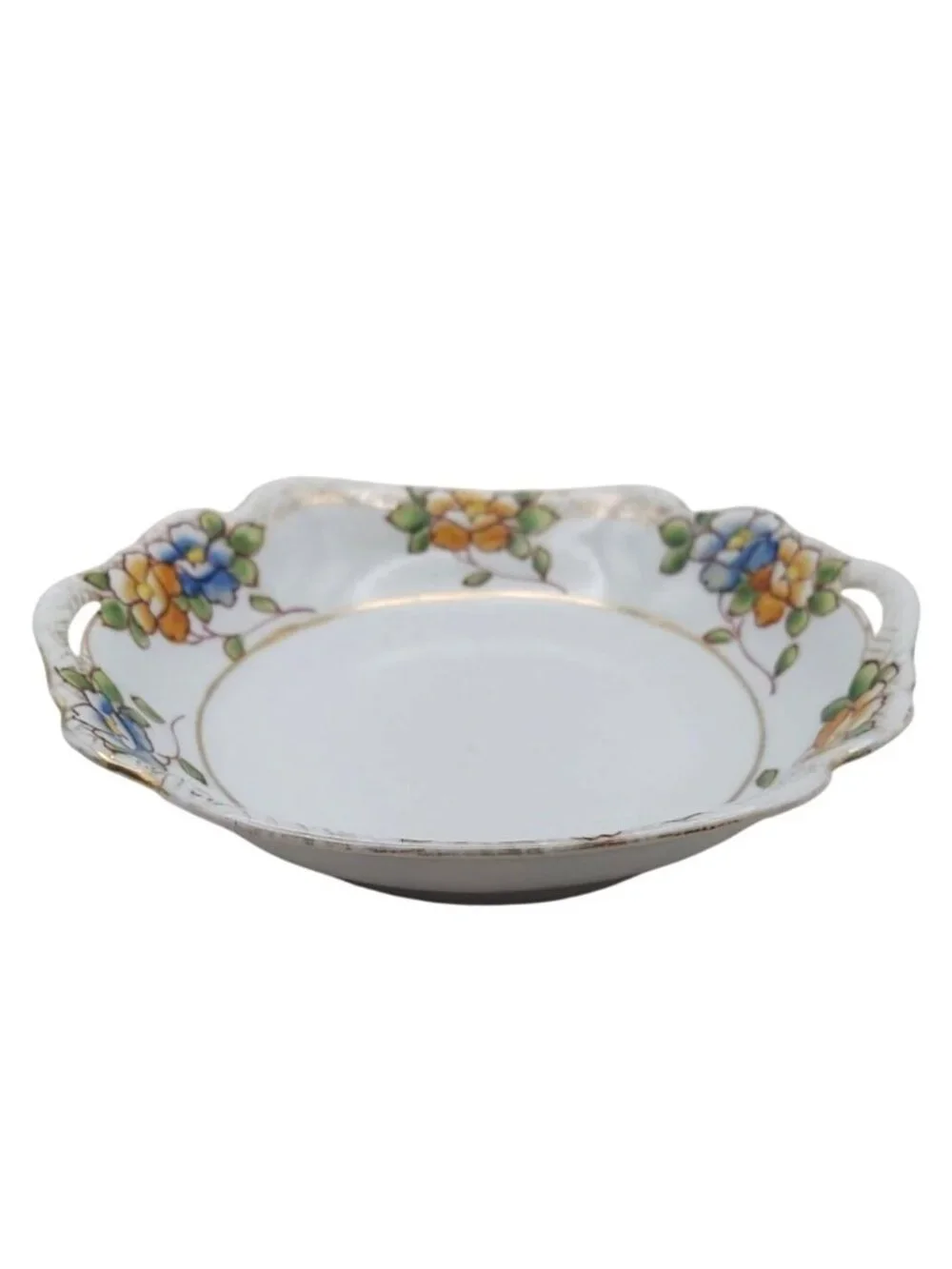 Serving Bowl Inset Handles Hand Painted Floral Porcelain Scalloped Japan Vintage